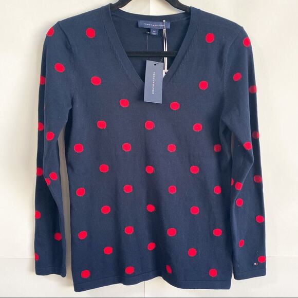 NWT‎ Tommy Hilfiger Navy Red Polka Dot Sweater Small - Picture 1 of 5
